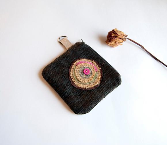 Brown Black jacquard zippered little coin wallet, pouch, purse by Lolos