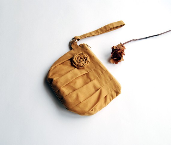 Mustard gold Bridal Wedding Clutch or Bridesmaid Clutch, Wristlet, Pouch, Purse - Romantic Rosebud pleats by Lolos