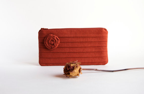 Terracotta Orange Bridal Clutch or Bridesmaids Clutch, Pouch, Purse - Romantic Rose pleats by Lolos