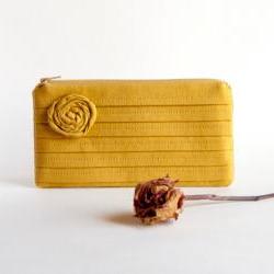 Mustard Bridal Pouch or Bridesmaids Clutch, Purse - Romantic Rose pleats by Lolos